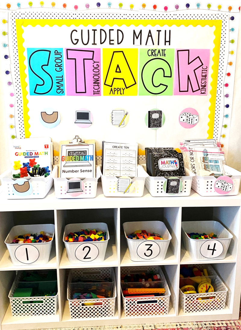 First grade Guided Math STACK setup with organized small-group, technology, application, notebook, and hands-on math stations