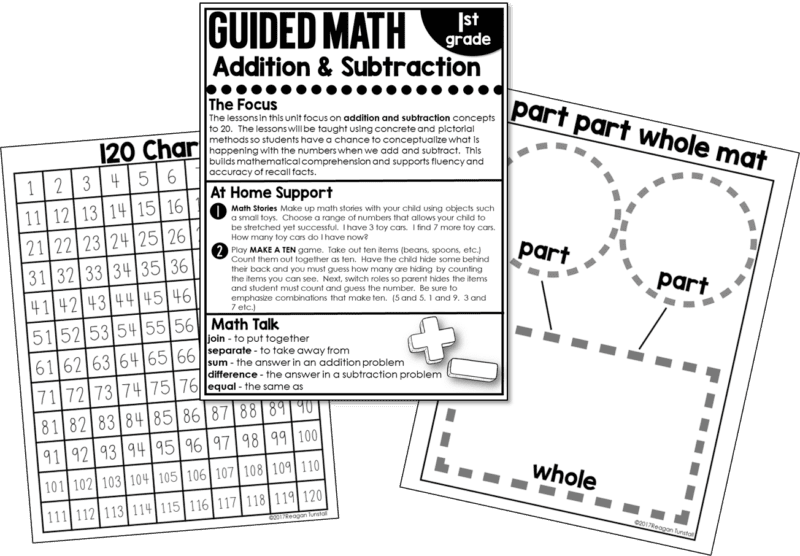 Home connections: Designed to connect work students do during math block with families at home. An alternative to homework but allows students to practice skills with minimal help and little written work. Created for no homework policy schools, schools whose students don't do homework, or for teachers to give to help parents help their child. For grades kindergarten, first grade, and second grade. Read "The Great Homework Debate" tunstallsteachingtidbits.com