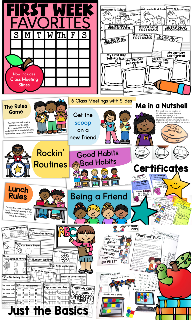 First Week Favorites back-to-school resource collage showing printable activities, class meeting slides, certificates, first and last day pages, lunch rules, friendship activities, routines, and basic skills practice.