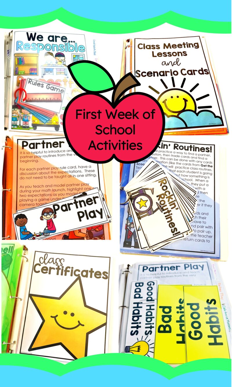 Collage of first week of school activities including class meeting lessons, scenario cards, partner play routines, good habits sorting, class certificates, and classroom management materials.
