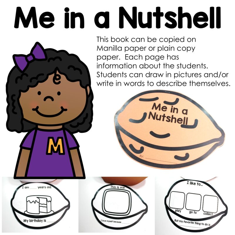 Me in a Nutshell first week of school activity with a student booklet for drawing and writing about birthdays, favorite activities, and personal interests.