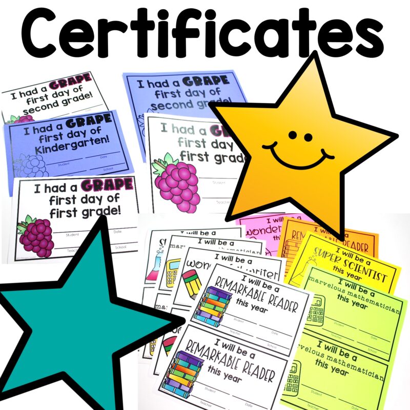 First week of school certificates for kindergarten, first grade, and second grade, including grape first day certificates and student achievement certificates.