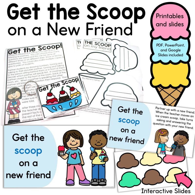 Get the Scoop on a New Friend first week of school activity with printable pages and interactive slides for partner questions, friendship building, and classroom community.