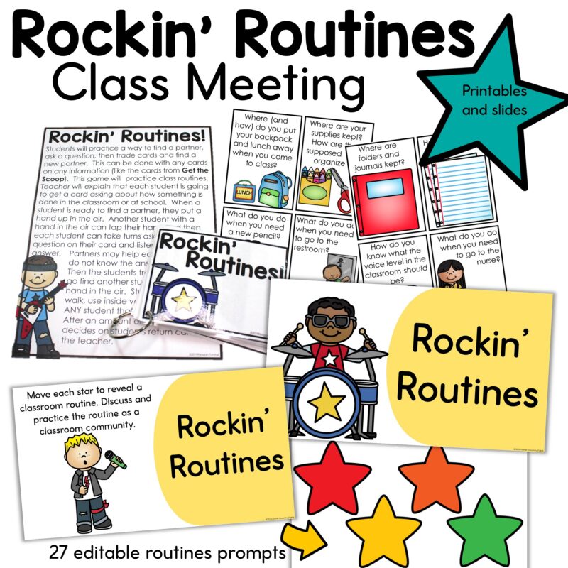 Rockin’ Routines class meeting activity with printable routine cards, editable classroom routine prompts, and interactive slides for practicing back-to-school procedures.