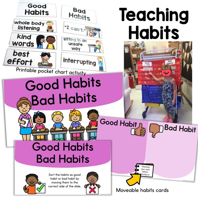 Teaching habits activity for the first week of school with good habits and bad habits sorting cards, pocket chart examples, printable pages, and interactive class meeting slides.