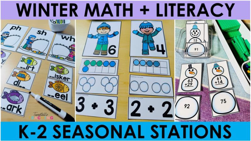 Winter math and literacy workstations with hands on seasonal centers for kindergarten through second grade