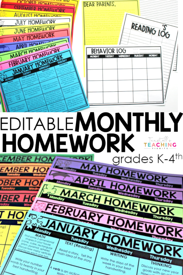 Editable Monthly Homework