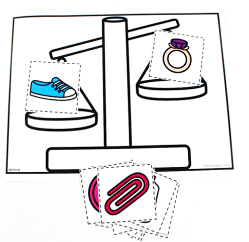 Heavier and lighter math mat and object cards