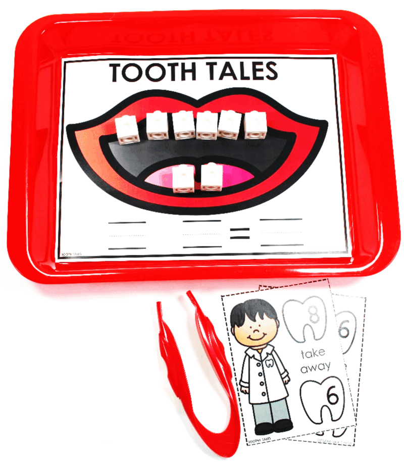 Tooth Tales intervention math mat and subtraction cards.