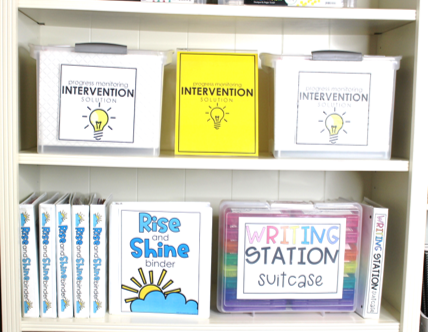 Rise and Shine binders on a shelf