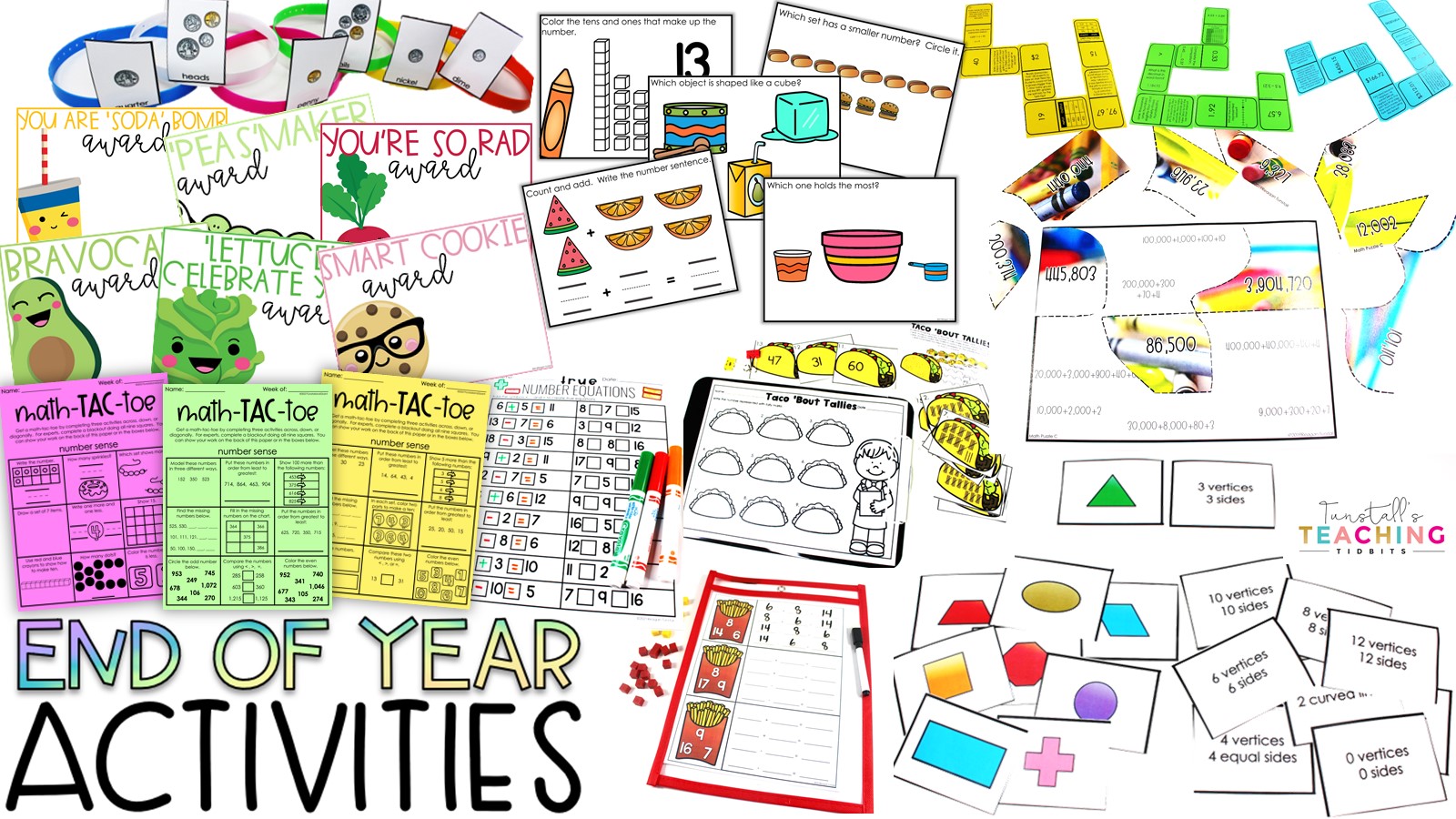 a grouping of end of the school year activities for students with puzzles, games, digital slides, math write the room and awards