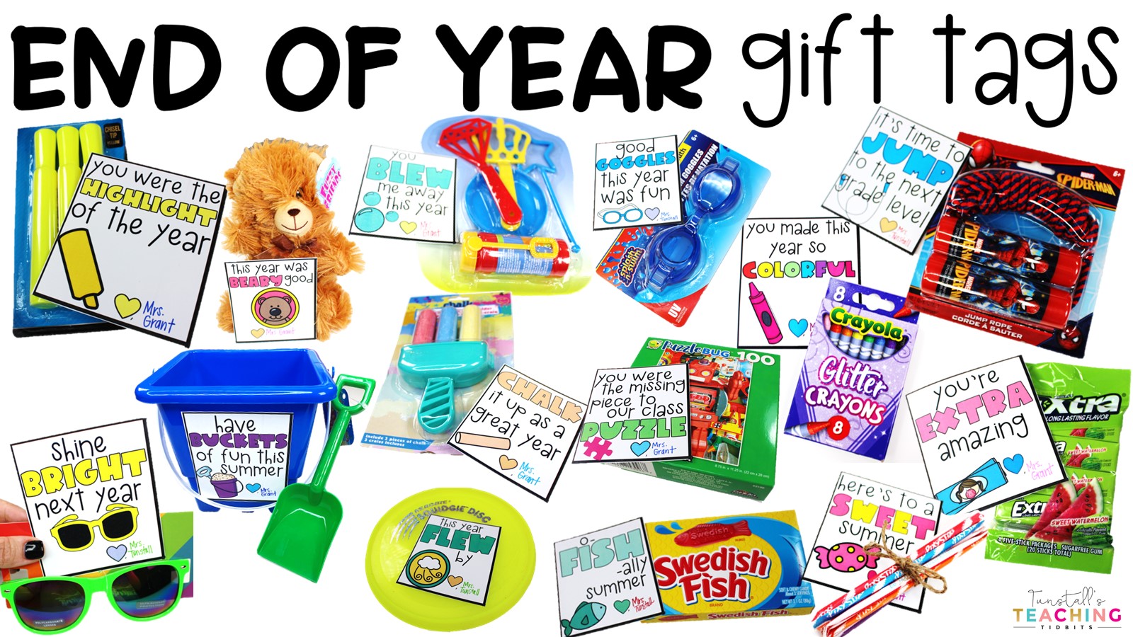 End of year gift tags with little dollar store toys and cute tags for giving to teachers and students