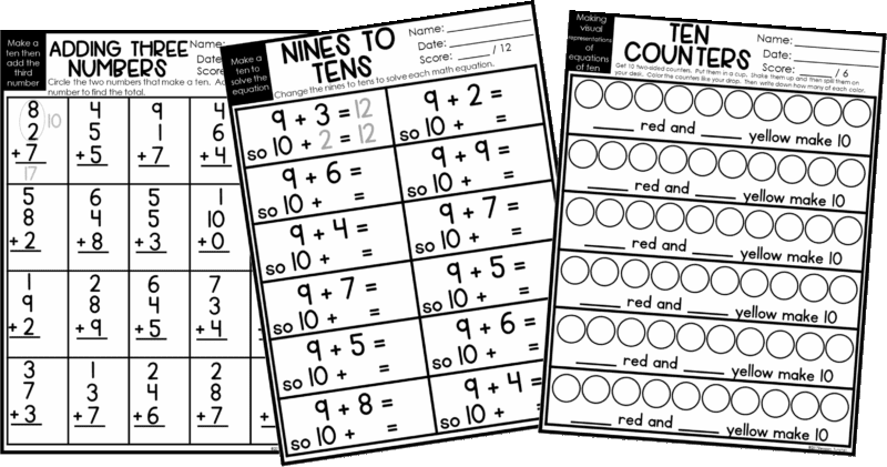 Three Math print and practice Pages on the Make a Ten.