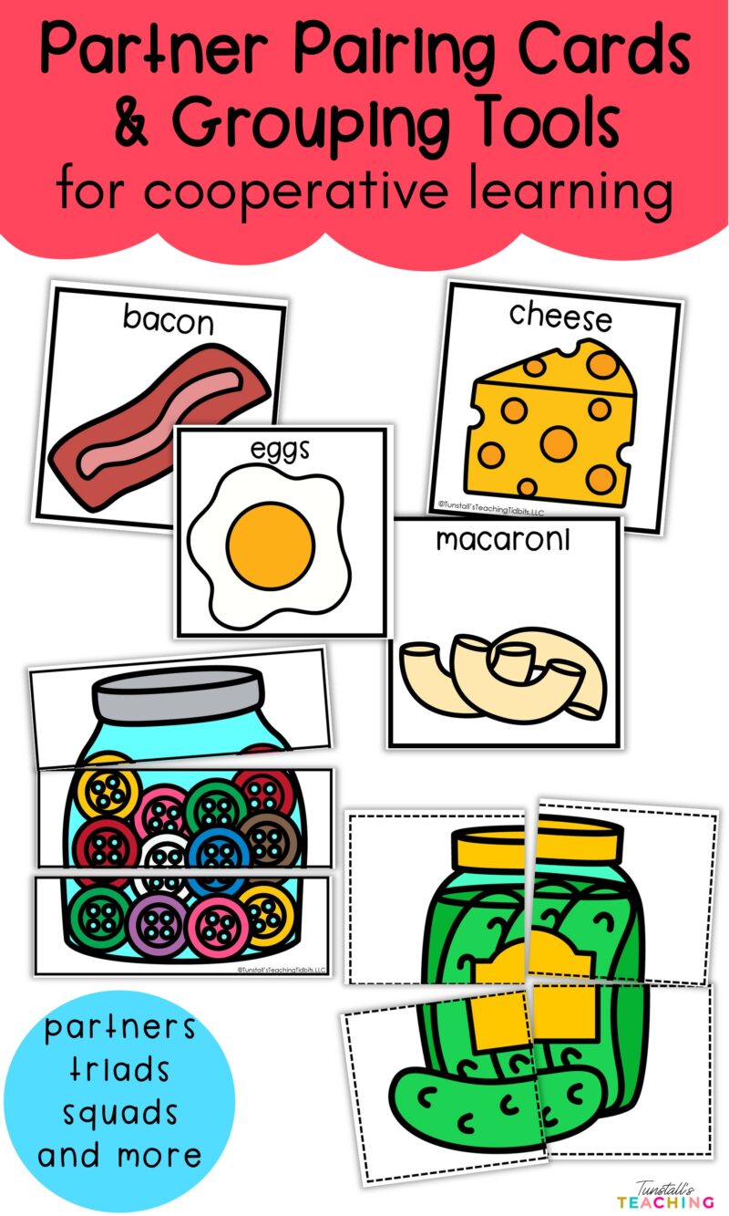 Partner pairing cards and grouping tools showing matching pairs, triad picture cards, and squad puzzle cards for cooperative learning activities.