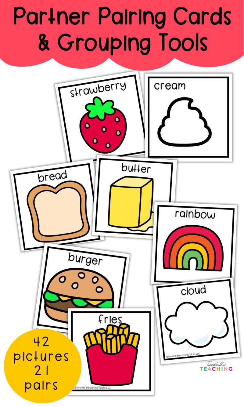 Partner pairing cards featuring illustrated strawberry and cream, bread and butter, burger and fries, and rainbow and cloud matches, with 42 cards forming 21 pairs.