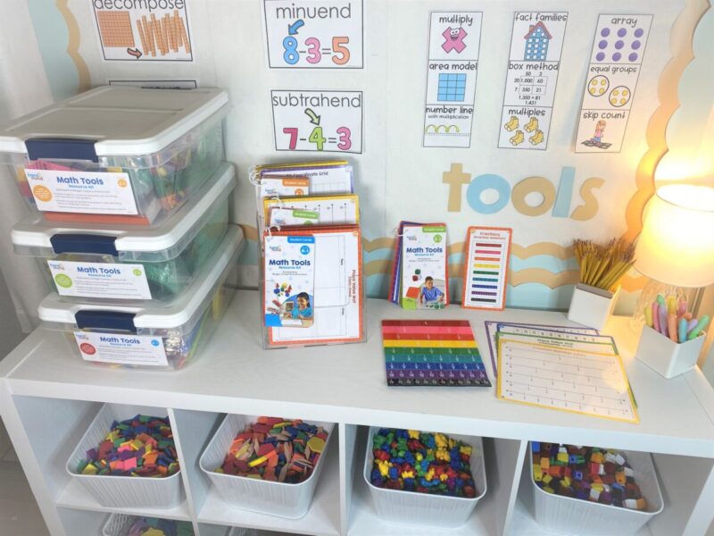 math tools for small group math instruction organized on classroom shelves with manipulatives and visual supports