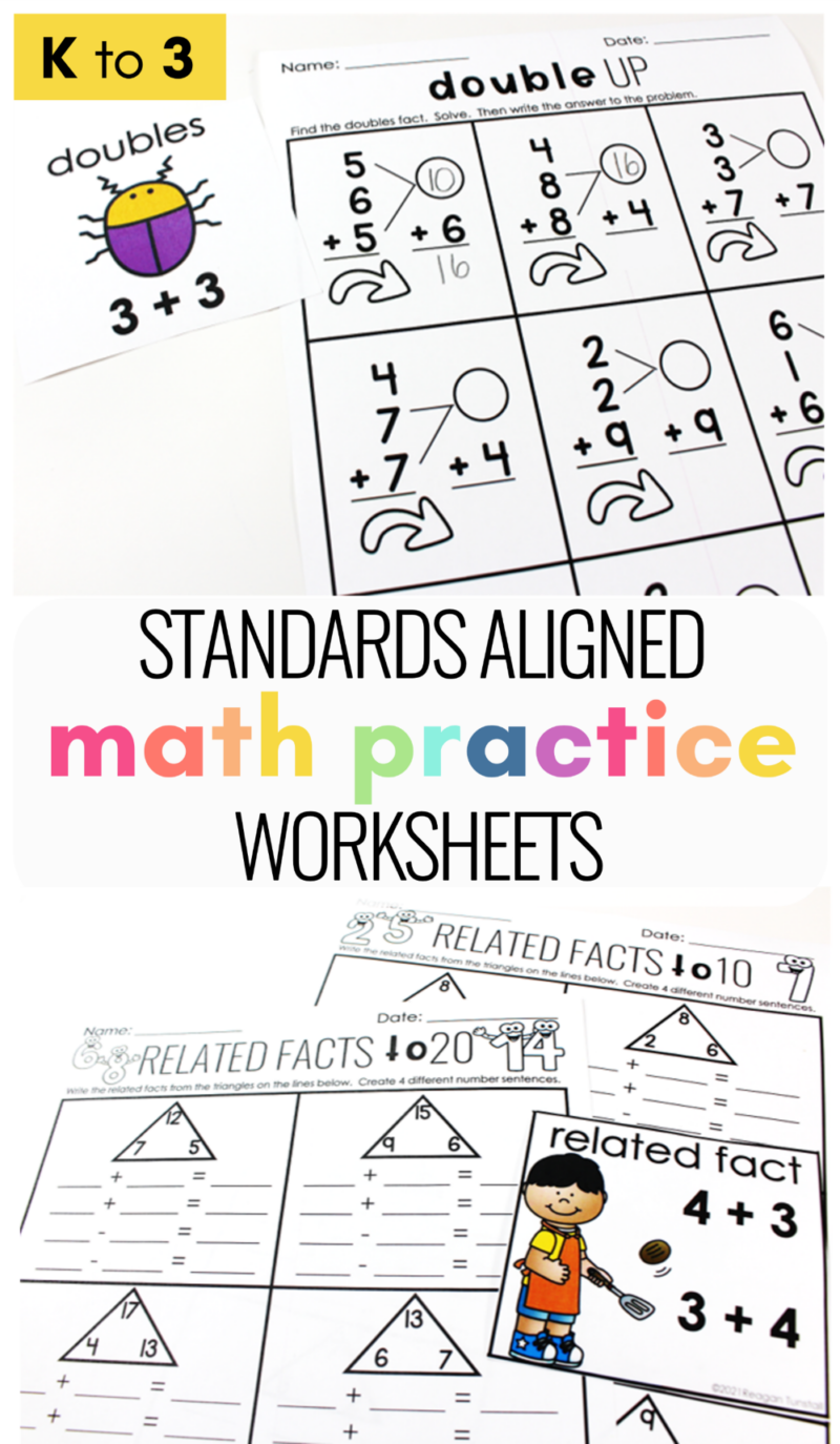 Standards aligned math practice worksheets for Kindergarten through third grade with printable skill pages and strategy visuals.
