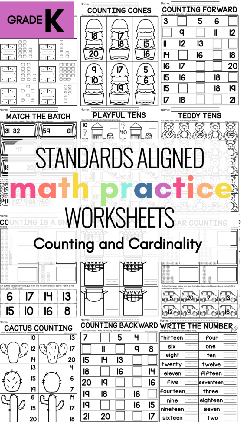 Kindergarten math practice worksheets for counting, number sense, and cardinality practice.