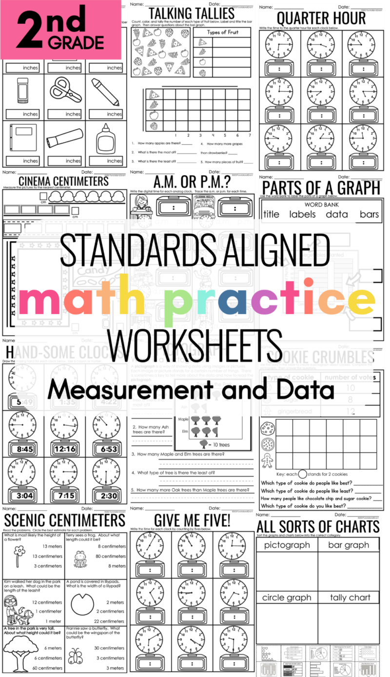 Second grade math practice worksheets for measurement, data, time, graphs, and math review.