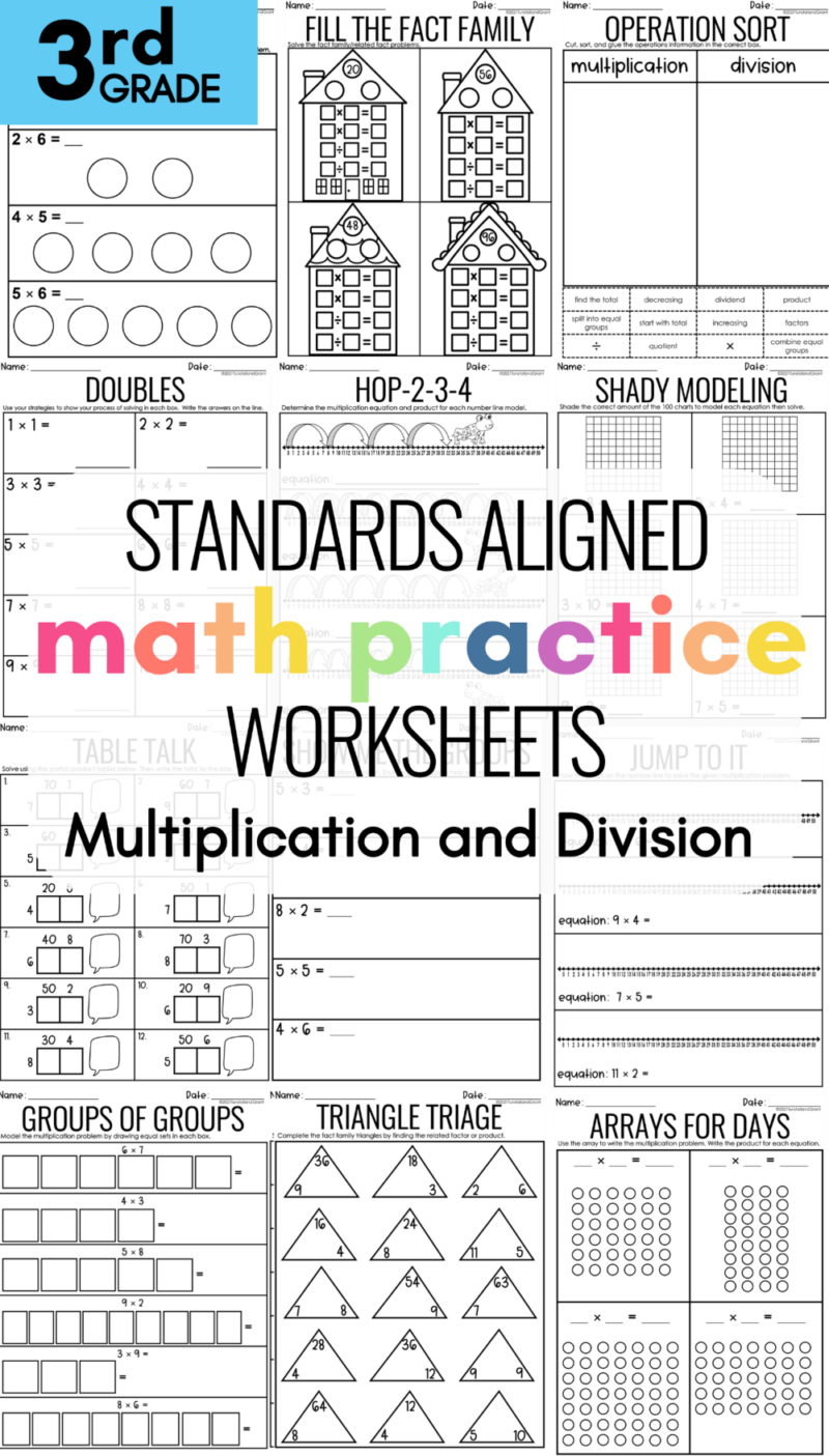 Third grade math practice worksheets for multiplication, division, word problems, and operations practice.