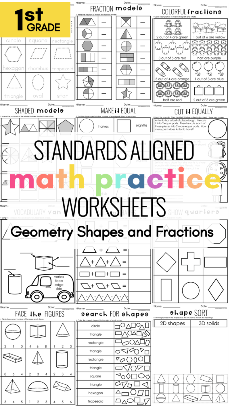 First grade math practice worksheets for geometry, shapes, fractions, and partitioning practice.