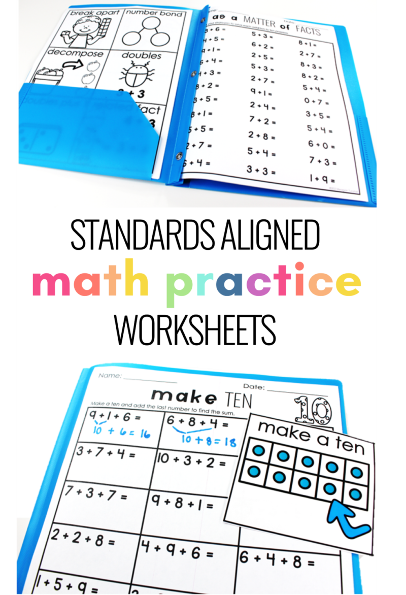 Standards aligned math practice worksheets in a student folder with strategy visuals and printable skill pages for K to 3 math review.