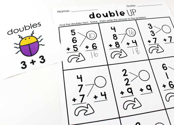 Double up math practice page using doubles facts to add three numbers.