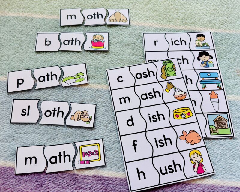 Free ending digraphs phonics puzzles with ch, sh, and th word building cards for first grade word work centers