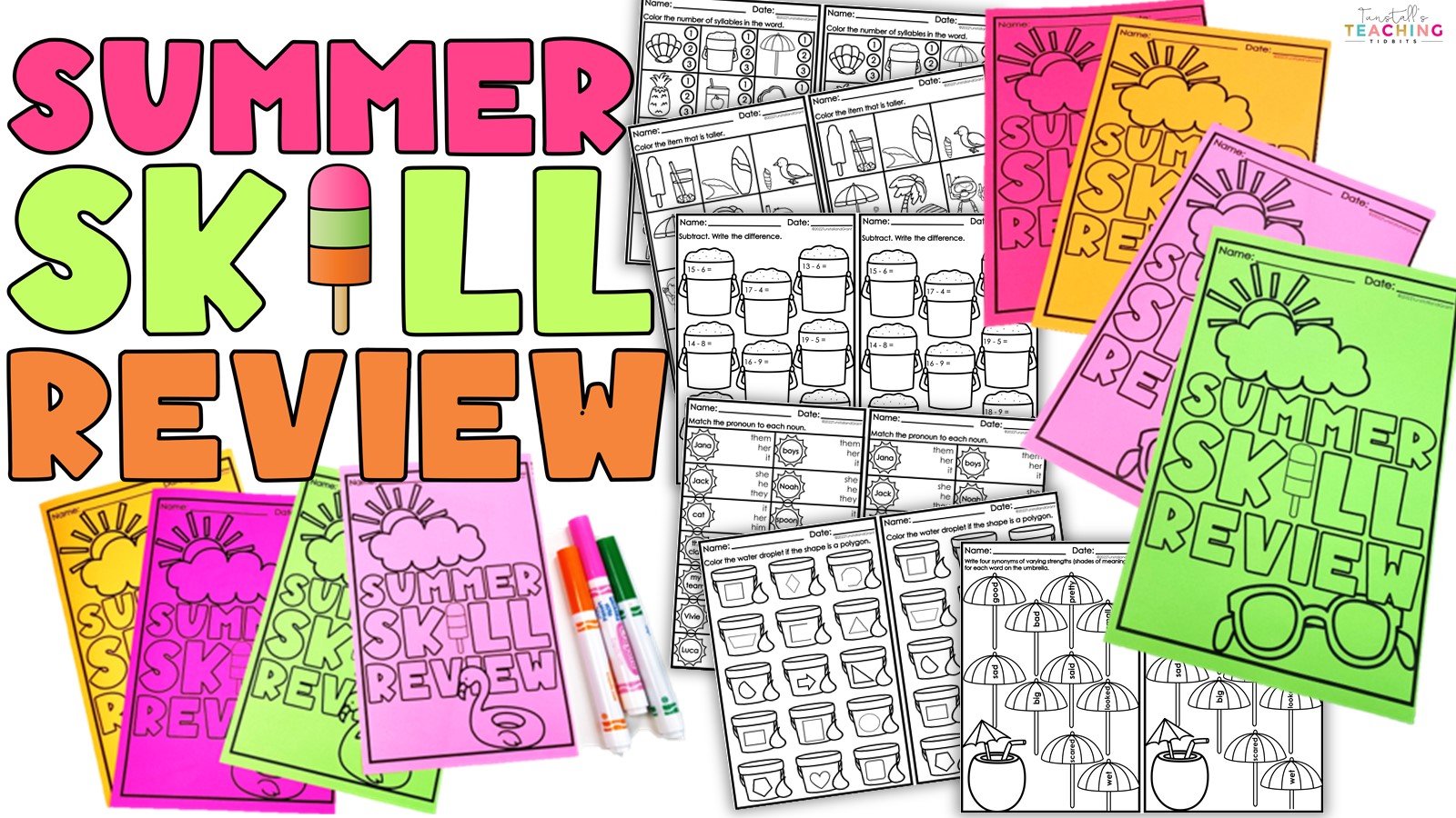 Summer Skill Review activity book with math and literacy skills grades Kinder, first, second, and third