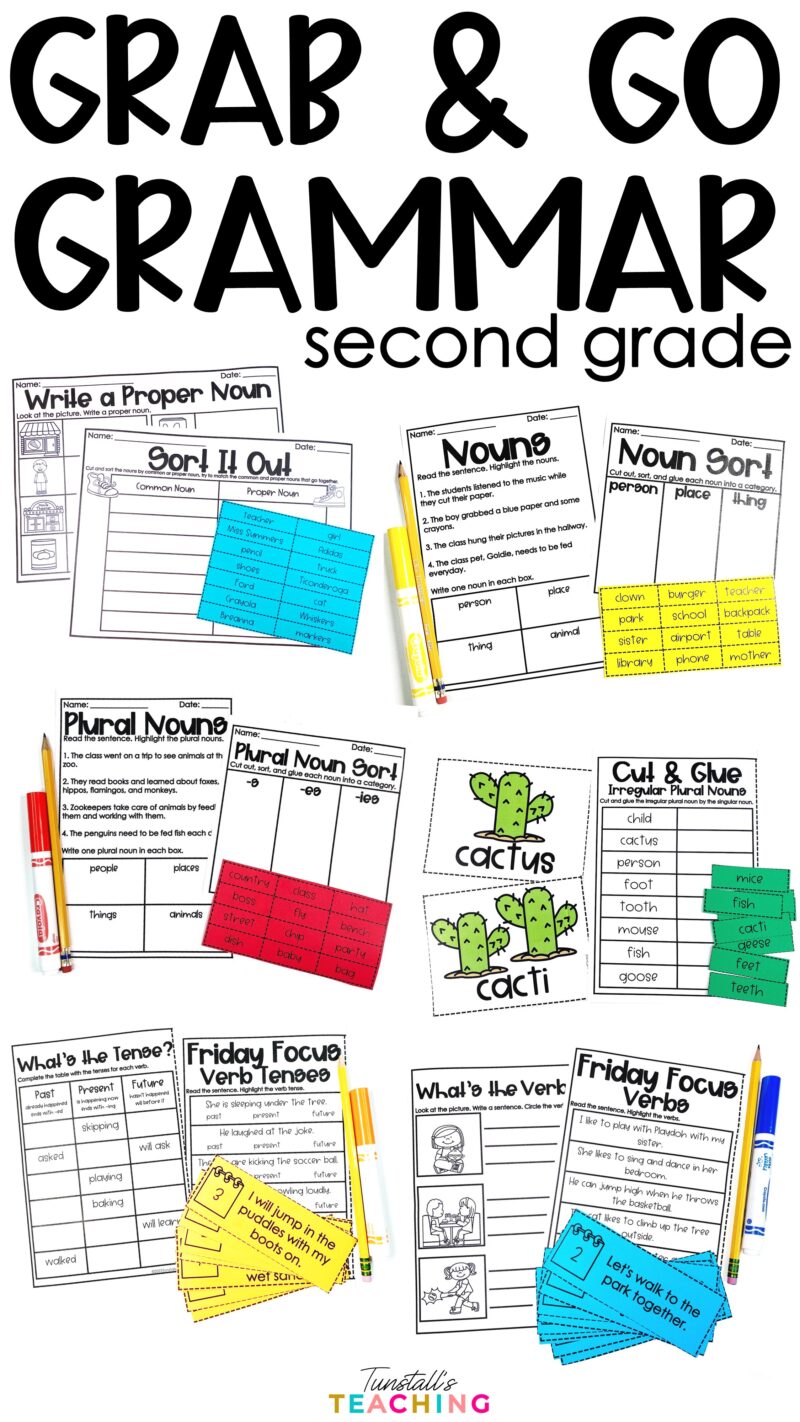 Grab and Go Grammar for second grade featuring printable activities for nouns, plural nouns, irregular plural nouns, verbs, and verb tenses.