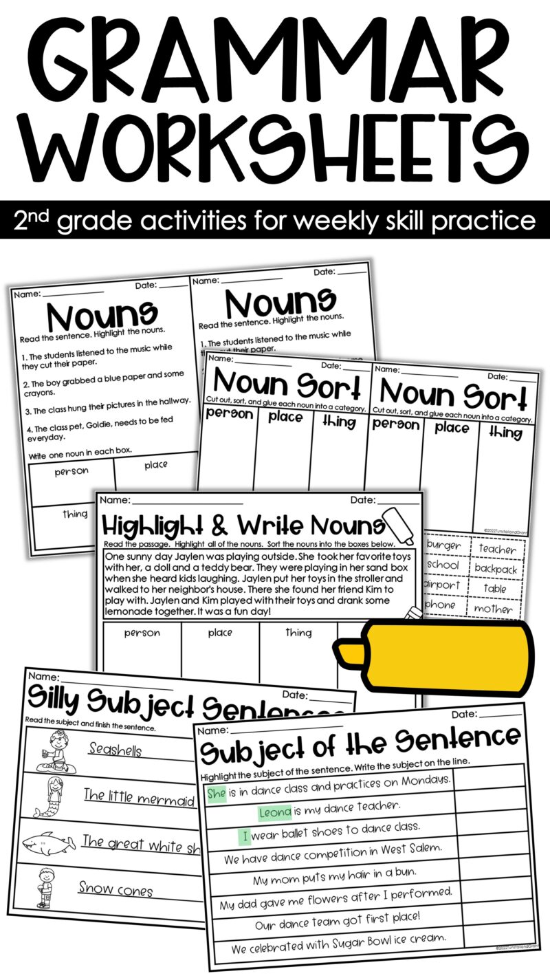 Second grade grammar worksheets for weekly skill practice, including nouns, noun sorting, sentence subjects, and subject identification activities.