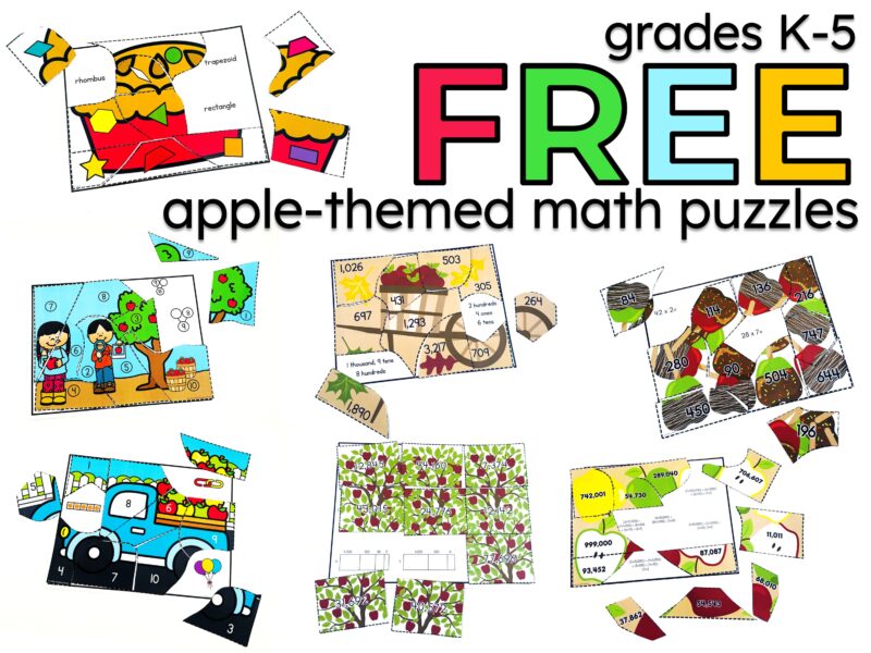 Free apple-themed math puzzles for grades K–5 featuring number sense, addition, place value, multiplication, shapes, and hands-on seasonal math centers.