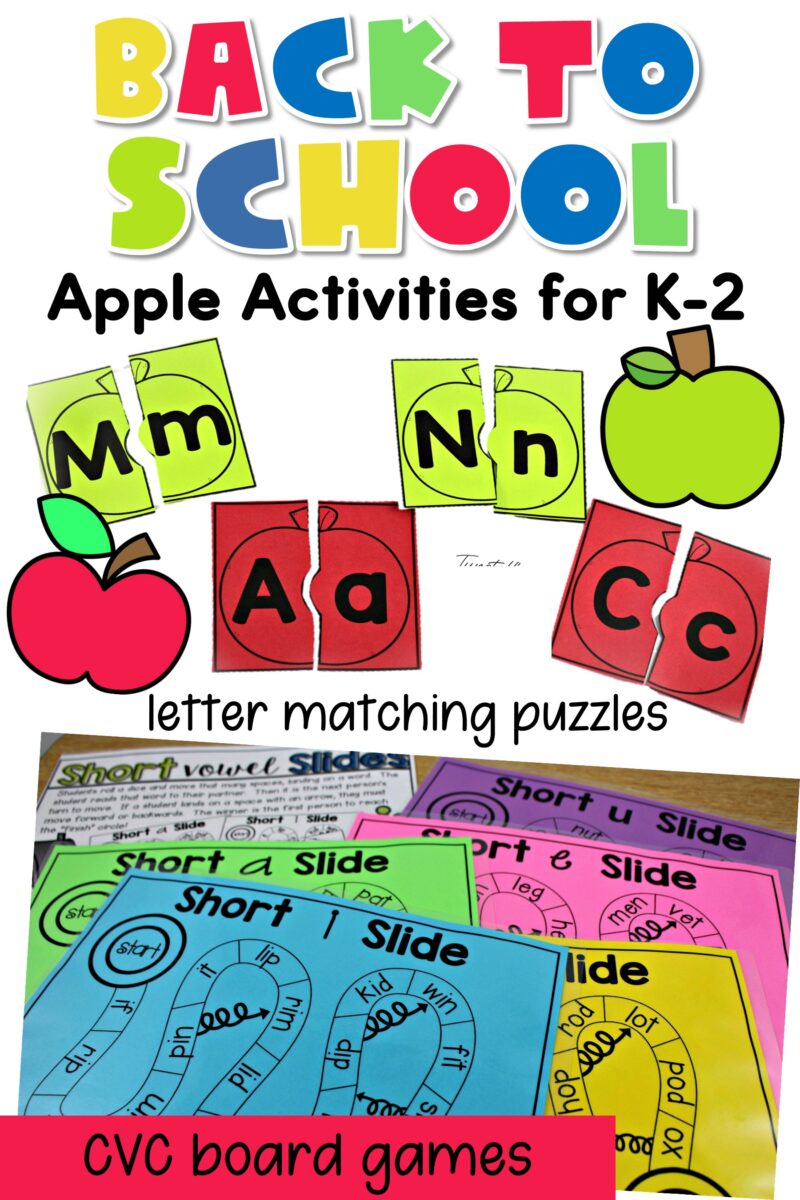 Back-to-school apple literacy activities for K–2 featuring uppercase and lowercase letter matching puzzles and short vowel CVC board games.