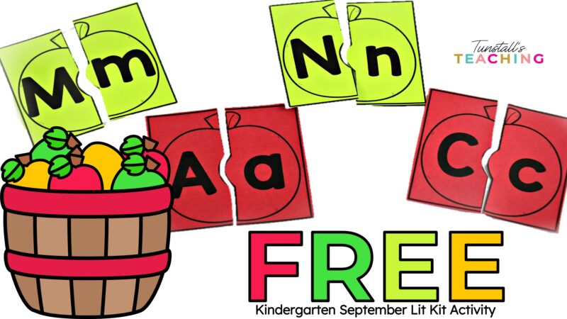 Free kindergarten apple letter-matching activity featuring uppercase and lowercase alphabet puzzle cards for a September literacy center or back-to-school phonics practice.