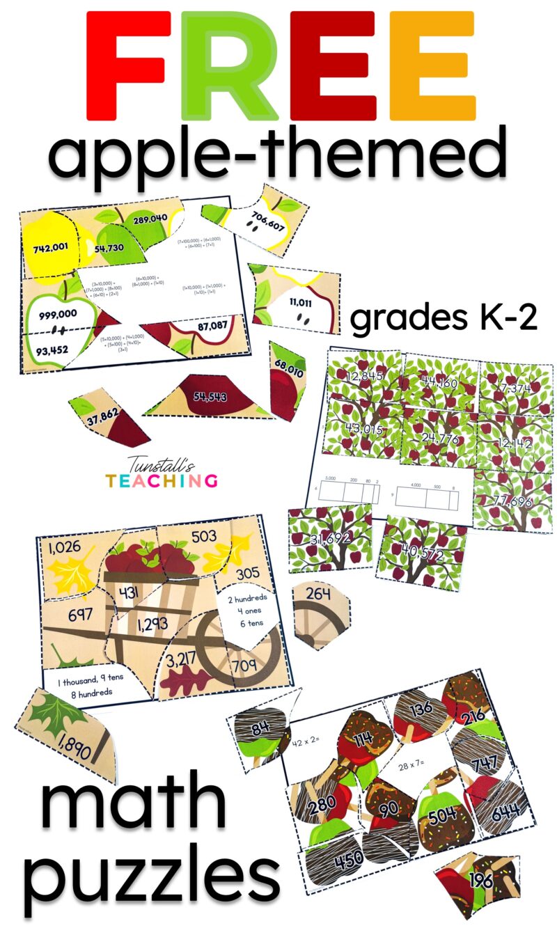 Free apple-themed math puzzles for grades K–2 featuring number sense, place value, early operations, and hands-on seasonal math centers.