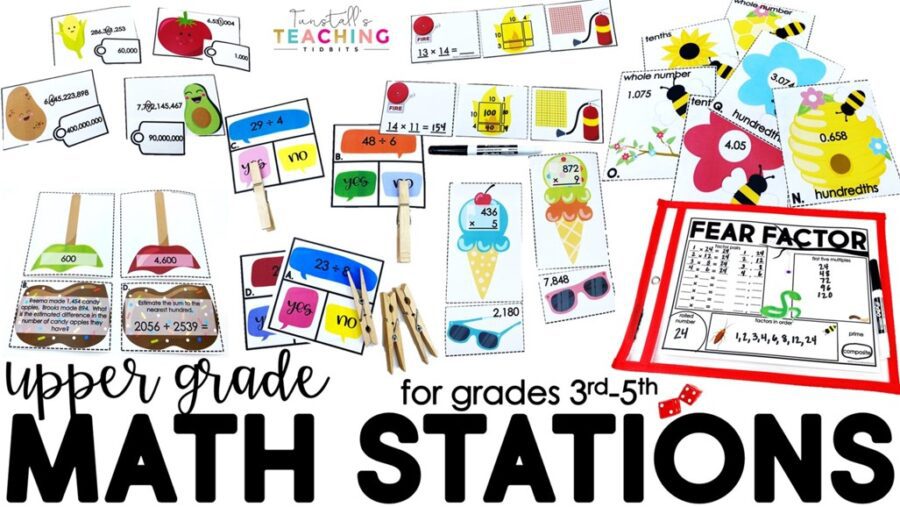 Math centers with colorful clipart and math manipulatives for upper elementary grades