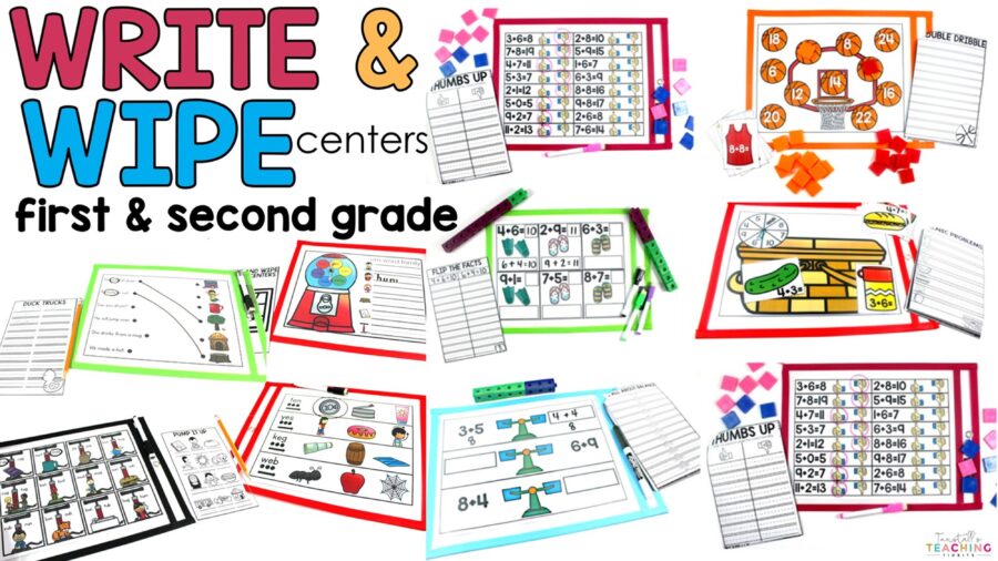 Write and Wipe Centers for first and second grade low prep colorful stations that go into dry erase sleeves. 