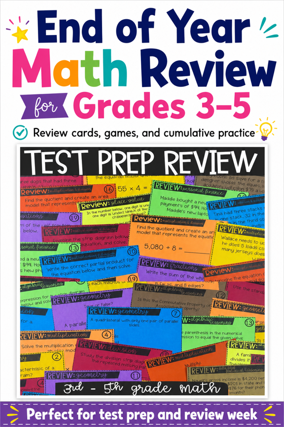 3rd to 5th grade math test prep review pin with standards-aligned task cards for upper elementary math review, easy prep, and engaging review practice. This one is strong. It is clearer than the earlier test prep image because the title, grade band, and purpose are easy to read quickly.