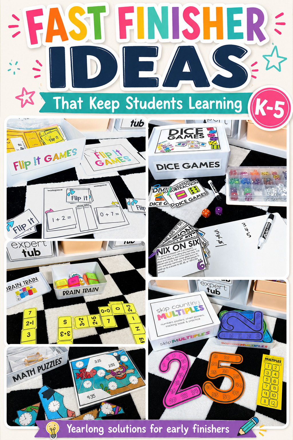 Fast finisher ideas for K to 5 students including Flip It games, dice games, math puzzles, Brain Train, and skip counting activities.