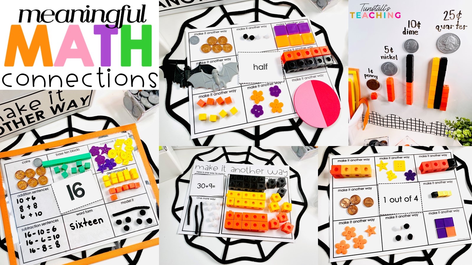 arrangements of math manipulatives with fall-themed colors showing math representations