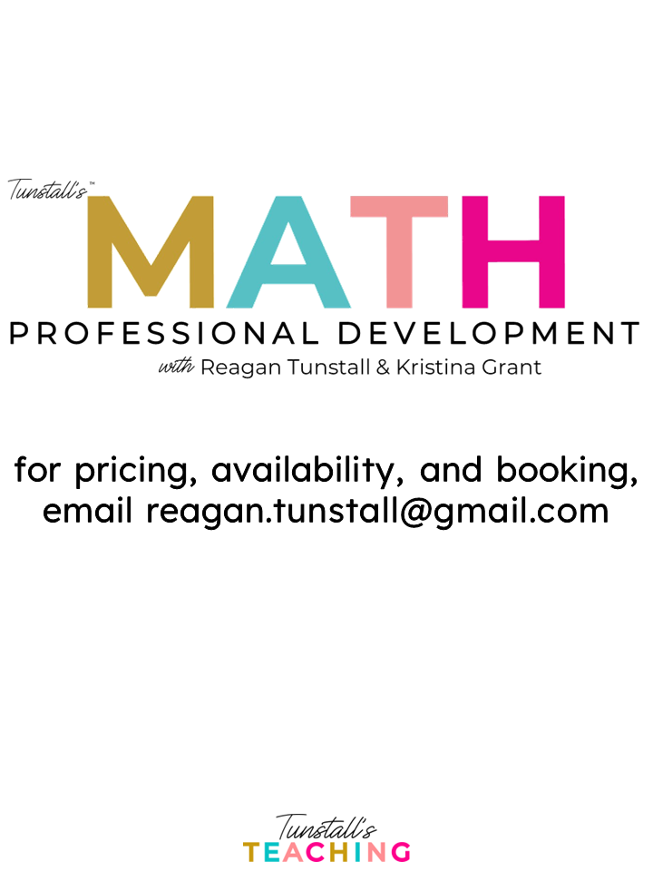 math professional development image with colored letters spelling math and information on booking pricing and availability.