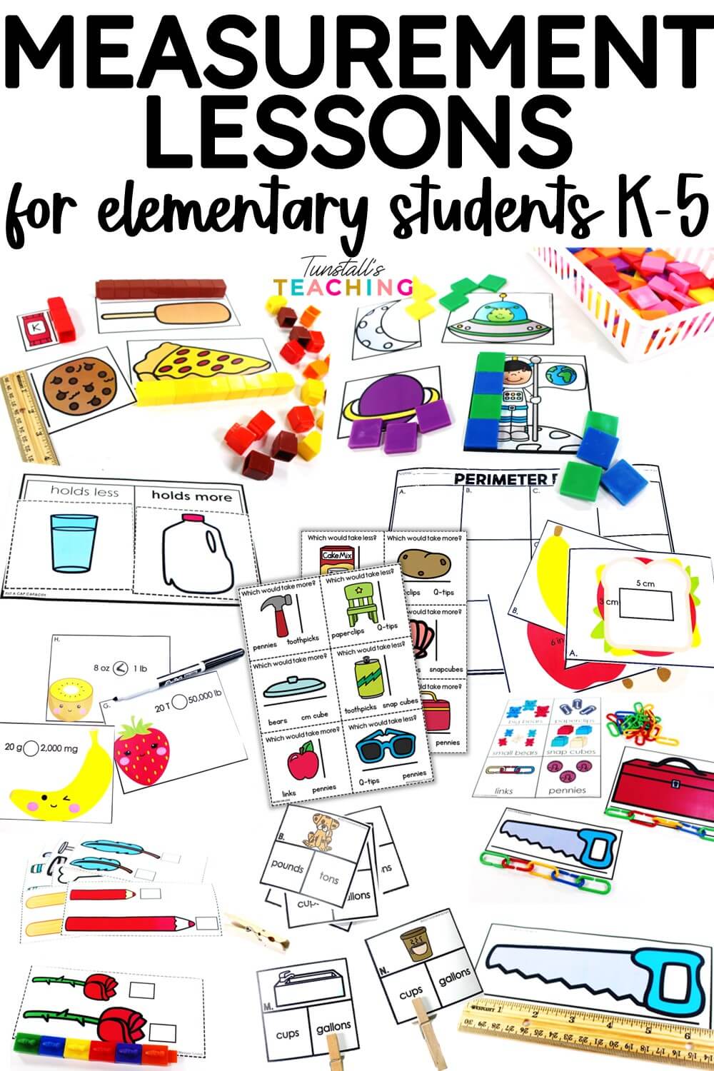 Collage of measurement lesson ideas for elementary students K-5