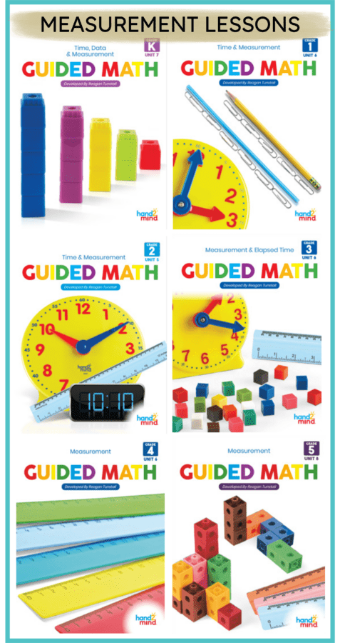 A group of lesson plan covers on Guided Math measurement for elementary age students in K-5 titled, Measurement Lessons