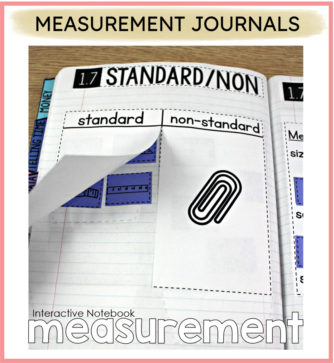 An image of a math composition book activity on standard and non-standard measurement tools. 