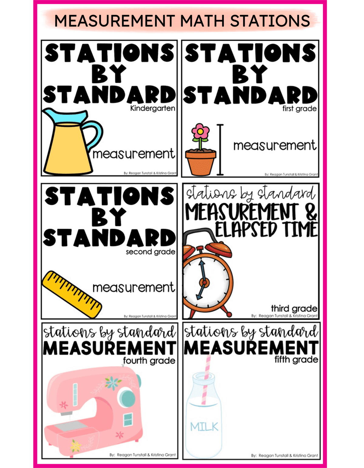 a group of resource covers for measurement math stations from kindergarten to fifth grade. 