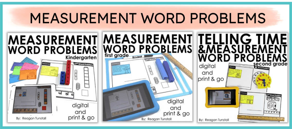 Three covers for measurement word problems in grades kindergarten, first grade, and second grade