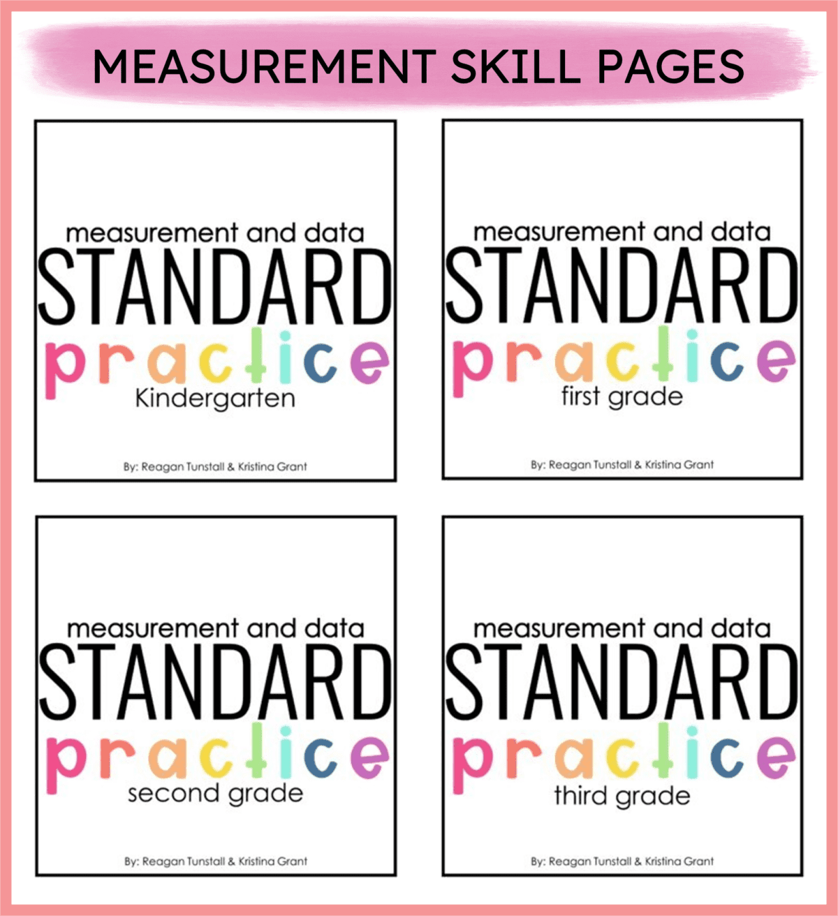 A group of four math resource covers named standard practice for grades kinder, first, second, and third to support measurement lessons in K-5. 