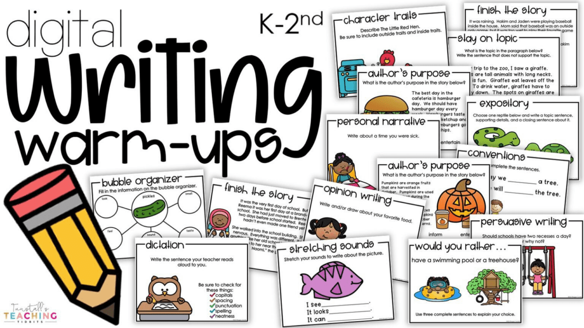 Digital teaching slides with writing prompts and activities for teaching writing in K-2