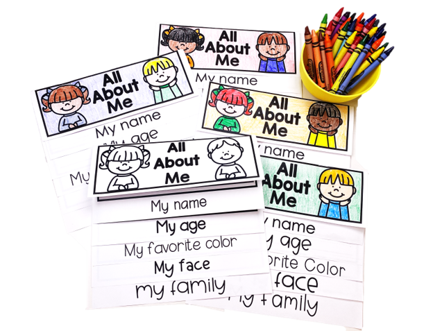 All About Me Flip Book for Back to School and crayons