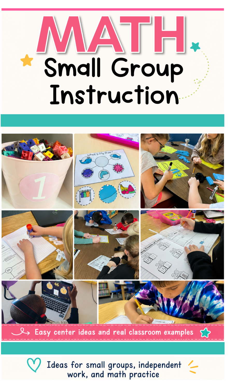 Math small group instruction with real classroom examples of hands-on learning, teacher-led support, independent practice, and student math work.